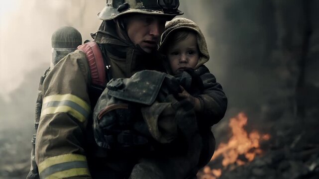 A firefighter carries a young child amidst a smoky backdrop. The firefighters uniform is a mix of green and brown, with a helmet that has a visor.