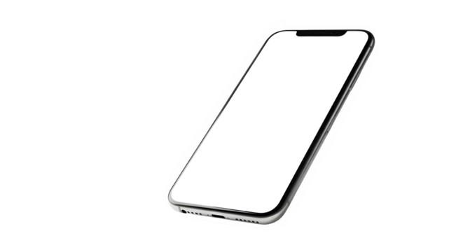 Modern smartphone with a blank white screen at an angle isolated on transparent background