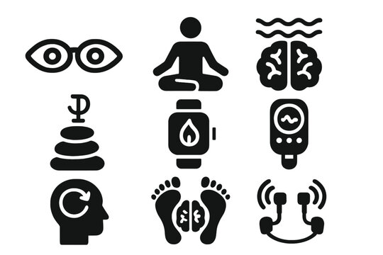 Meditation Tech Icons. Solid style icons of meditation and mind balance tech: deep focus lenses, psi-harmony stones, brain quiet