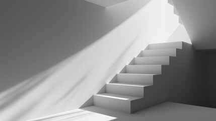Fototapeta premium Architectural sunlight casting geometric shadows on white staircase, minimal composition
