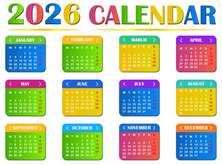 2026 calendar template with colorful monthly boxes for each month. Perfect for print, digital planners, schedules, and yearly organization designs. 2026, calendar, happy new year, vector, icon