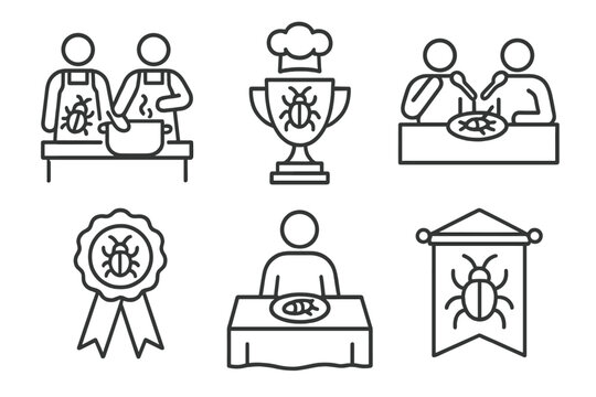 Bug Culinary Icons. Line style icons of bug-themed culinary events: insect cook-off, bug chef trophy, tasting competition, best - Powered by Adobe