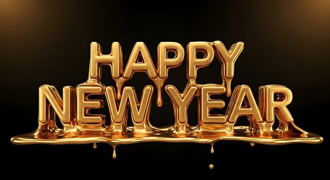 Golden melting happy new year text dripping with liquid gold