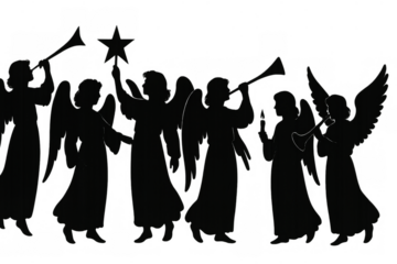 Angels choir silhouettes playing trumpets, holding a star and candles, singing christmas carols, celebrating holidays with transparent background