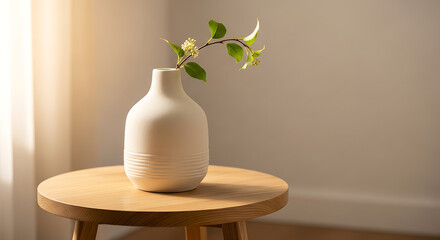 A white vase with a flowering branch on a round wooden table against a neutral background setting indoors