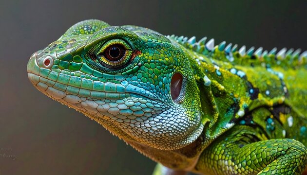 A close-up portrait showcases a vibrant green and blue reptile with detailed scales, textured skin, and a watchful eye