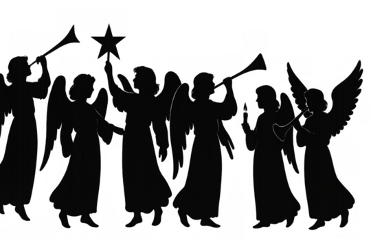 Angels choir silhouettes playing trumpets, holding a star and candles, singing christmas carols, celebrating holidays with transparent background