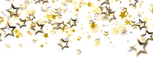 Gold stars and snowflake decorations on a white background, suitable for Christmas, New Year, and festive events. Use it for invitations and mor