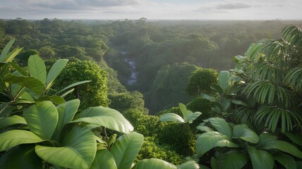 Lush green rainforest canopy with a river winding through the valley, viewed from above.