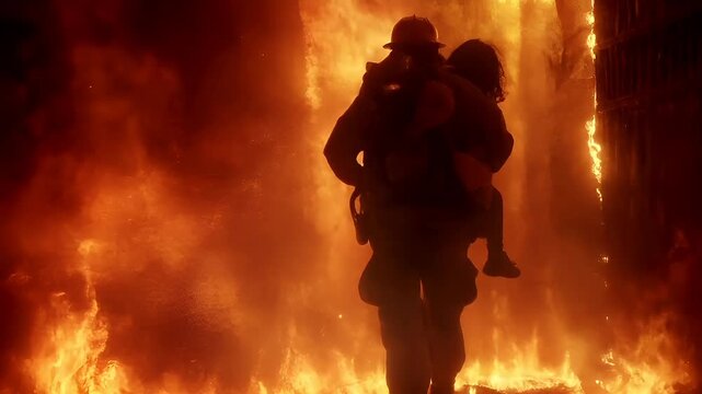 A firefighter carries a child amidst a raging fire, silhouetted against a fiery backdrop. The scene is captured in a cinematic style, with a focus on dramatic lighting and shadow play.