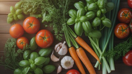 A vibrant arrangement of fresh vegetables and herbs, including tomatoes, carrots, basil, garlic, and green onions, displayed on a wooden surface.