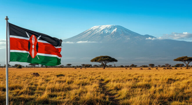 Kenyan Savanna with Flag and Mount Kilimanjaro