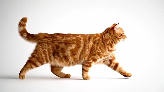 Confident ginger domestic pet, curious orange tabby cat walking in profile across an isolated background, showing off its beautiful fur and long striped tail held high