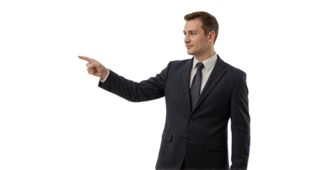 A formally dressed businessman pointing to the right, isolated on white background.