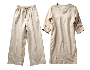 Minimalist Linen Pajama Set with Cap-Sleeve Top and Wide-Leg Pants, Isolated on White Background