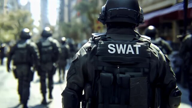 SWAT officer in tactical gear walking on city streetSWAT vest on police officers back.