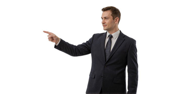 A formally dressed businessman pointing to the right, isolated on white background.