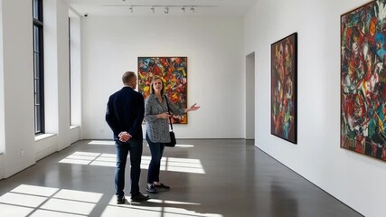 Engaged couple exploring vibrant modern art at gallery, seeking inspiration and cultural enrichment, perfect for creative content and artistic ventures
