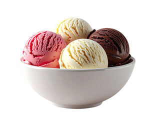 Assorted Chocolate, Vanilla, and Strawberry Ice Cream Scoops in White Bowl, Isolated on Transparent Background PNG 