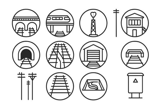 Rail Infrastructure Icons. Line style icons of rail infrastructure in round shape: bridge over tracks, elevated rail, signal tower