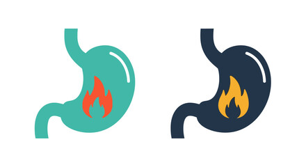 Human stomach illustrations showing inflammation and heartburn with internal fire