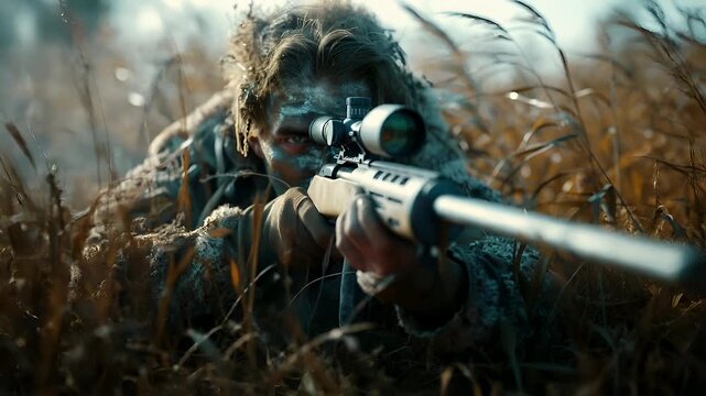 A closeup shot of a man in camouflage clothing aiming a rifle through a field of tall grasses. The mans face is partially obscured by the grass.