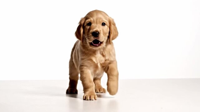 Adorable golden retriever puppy, cute young pet dog, standing and walking isolated on white background. Full body portrait of curious animal with playful expression
