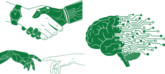 Robot and human hands shake, robot and human fingers touch, brain with circuits handshake