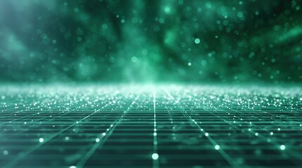 Abstract background of digital data grid with glowing particles and bokeh