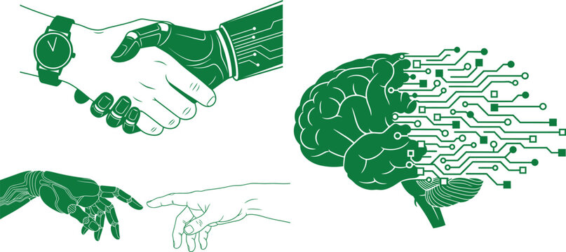 Robot and human hands shake, robot and human fingers touch, brain with circuits handshake