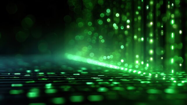 Abstract Digital Data Flow with Glowing Green Lights and Bokeh - Powered by Adobe