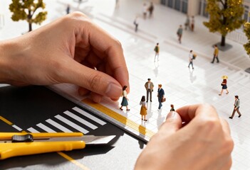 Hands placing a miniature figurine on an architectural model of a city. Urban planning and society simulation concept. A person creating a detailed diorama