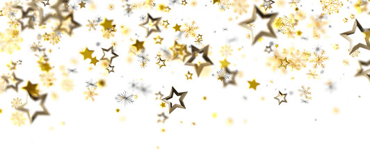 Beautiful gold stars and snowflakes floating on a bright white background. Perfect for holiday designs and festive themes. Adds sparkle and magi