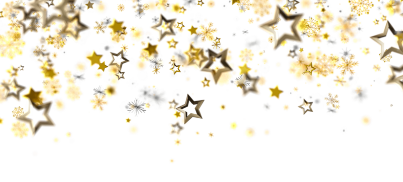Beautiful gold stars and snowflakes floating on a bright white background. Perfect for holiday designs and festive themes. Adds sparkle and magi