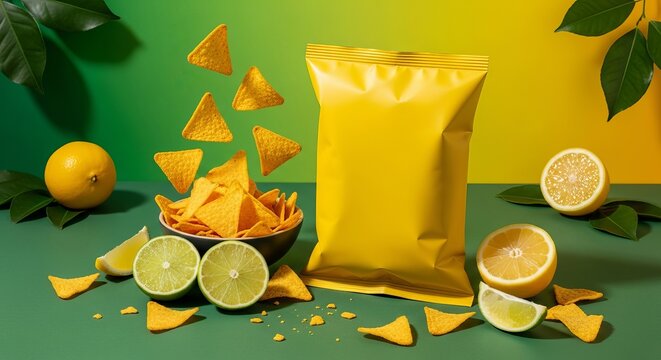 Yellow bag of chips with lemon and lime on a green background