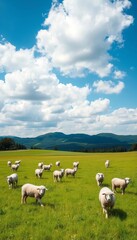 Obraz premium Gentle sheep roam a vibrant green field under a bright blue sky dotted with soft clouds, with lush forest hills in the distance, animal, sunny