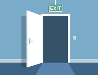 Open fire exit door in flat style. Evacuation sign emergency concept. Vector stock
