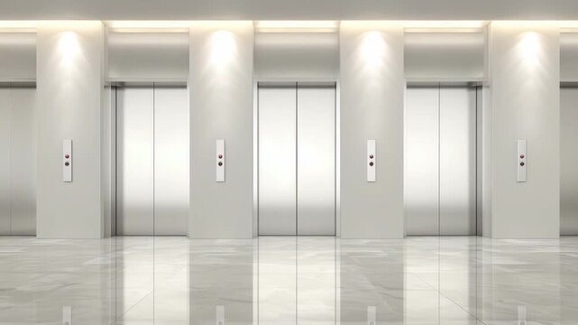 Elevators are lined up in a contemporary lobby featuring polished floors and minimalistic design details