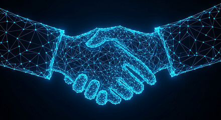 A glowing blue digital handshake made of connected dots and lines on a black background in technology style
