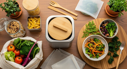 Overhead shot of food containers and fresh produce on a wooden table in natural light setting indoors