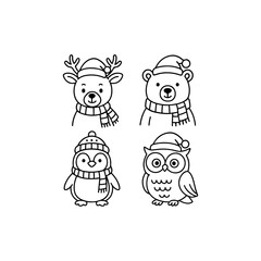 Obraz premium Cute hand drawn winter animals wearing hats and scarves