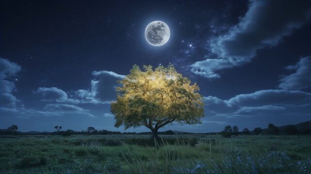 Majestic peanut tree under starry night sky in open field