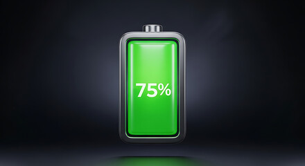 A battery with a green charge indicator showing seventy five percent on a gradient dark background