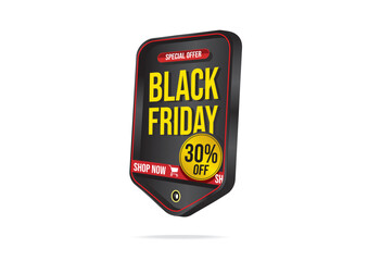 Three-dimensional Black Friday sale tag displaying special offer with 30% discount prominently and urgent call to action