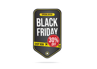 Black Friday sale tag featuring special offer with 30% discount highlighted and call to action