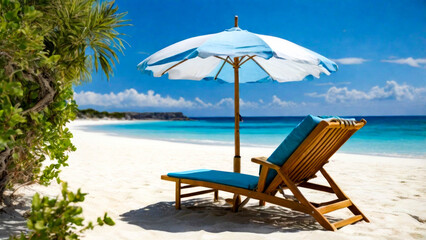 Obraz premium Blue Beach Chair on beautiful coastline, waves with amazing beach sea, Summer vacation concept