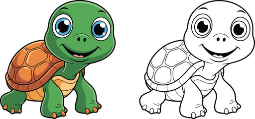 Cartoon baby turtle illustration, cute smiling reptile character, green shell animal drawing, coloring book page, kids activity vector art design template