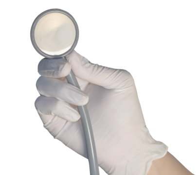 Doctor hand holding stethoscope with medical glove isolated on transparency background