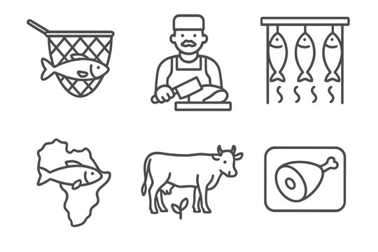 Local Sourcing Icons. Line style icons of local fish and meat sourcing: fresh catch net, small-scale butcher icon, smoked fish