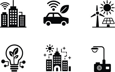 Set of six black and white smart city eco icons showing renewable energy, electric car, solar panel, and sustainable technology